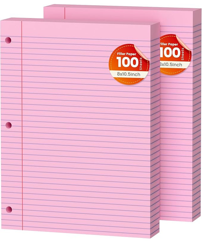 Pink Loose Leaf Paper 200 Sheets Colored Filler Paper 2 Pack 8 * 10.5 College Ruled 3-Hole Punched Paper for 3-Ring Binders Notebook Lined 8" x 10.5"