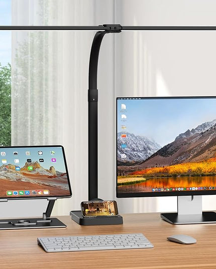 LED Desk Lamp with Base - Bright Dimmable Computer Lamp with Phone Holder, 24W Bendable Desk Light for Monitor Screen, Eye-Caring Tall Desktop Light for Task Home Office Work, Black, Dual Head