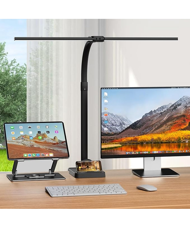 LED Desk Lamp with Base - Bright Dimmable Computer Lamp with Phone Holder, 24W Bendable Desk Light for Monitor Screen, Eye-Caring Tall Desktop Light for Task Home Office Work, Black, Dual Head