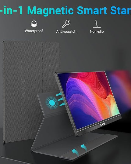 KYY Portable Monitor 15.6'' FHD 1080P USB C HDMI Gaming Monitor Ultra-Slim IPS Display w/Smart Cover & Speakers, Plug&Play, External Monitor for Laptop PC Phone Mac Xbox PS4