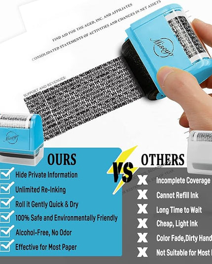 Miseyo Wide Identity Theft Protection Roller Stamp Set - Blue (3 Refill Ink Included)