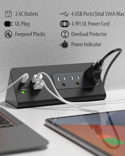 Nightstand Edge Mount Power Strip with USB-C Ports Tabletop Surge Protector Desk Clamp Power Sockets with 3 AC Outlets &4 Fast Charging USB Ports for Home Office Hotel and Dormitory (Black(2-Pack))