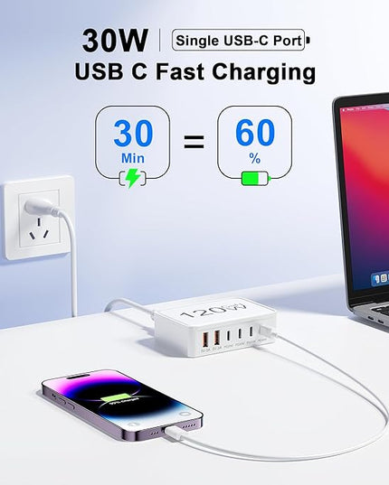 USB C Charger Block, 120W 6 Port USB Charging Station for Multiple Devices, Multi Type C Fast Charging Hub for iPhone 17 16 15 14 Pro Max ipad Samsung Galaxy, Perfect for Travel Home Office, White