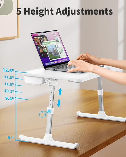 SAIJI Laptop Bed Tray Table, Adjustable PVC Leather Laptop Bed Table, Portable Standing Desk with Storage Drawer, Foldable Lap Tablet Table for Sofa Couch Floor (Large,White)