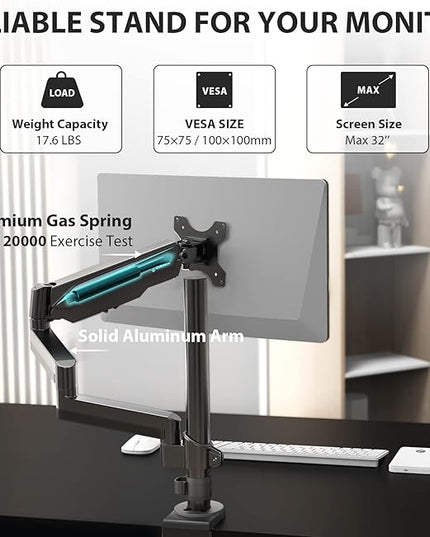 EUREKA ERGONOMIC Single Monitor Desk Mount, Adjustable Gas Spring Monitor Arm for LCD PC Screen 13-32 inch, Max 17.6 LBS, Computer Monitor Stand W C Clamp & Grommet Base, VESA 75x75mm,100x100mm, Black