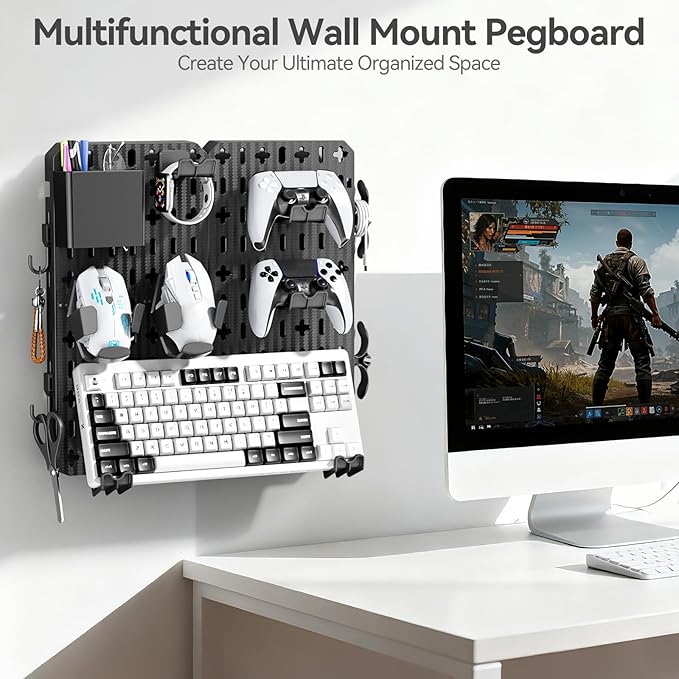 KDD Pegboard Combination Kit, Wall Mount Organization Peg Board with Mouse & Keyboard Holder, Pen Holder, Hooks, Headset & Controller Stand - Modular Hanging Organizer Accessories