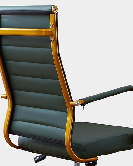 Livinia Modern Executive Office Desk Chair, Chrome & Leather Conference Room Swivel Chairs with Ribbed High Back, Adjustable Height, Removable Armrest, and Wheels for Home Office (Green(Gold))