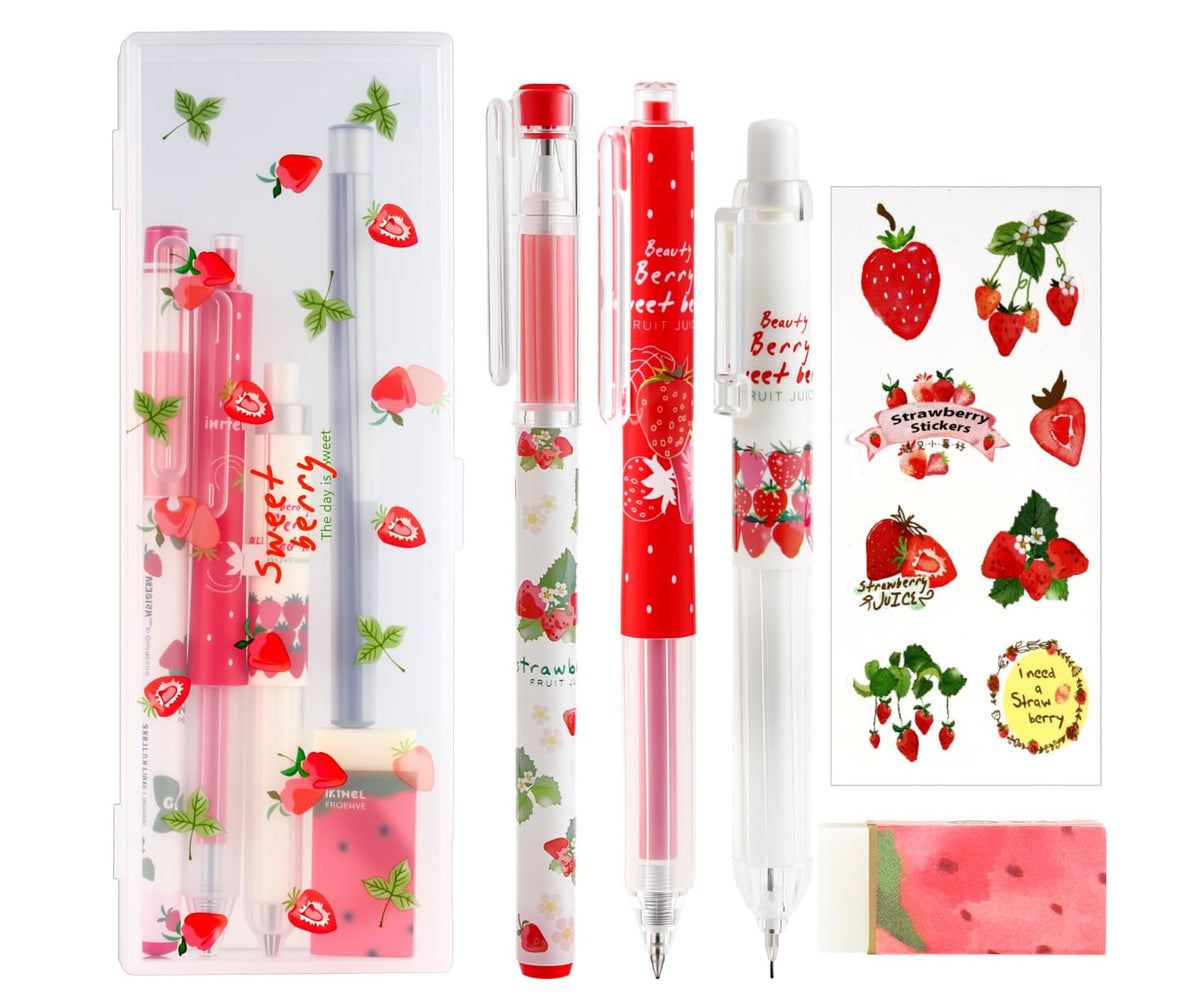 Mangpung Cute Strawberry Pens Set Include Kawaii 0.5mm Strawberry Mechanical Pencil,Mechanical Pencil Lead Refills,Erasers,Gel Pens,Stickers,Strawberry Stationery Set for Office School Supplies