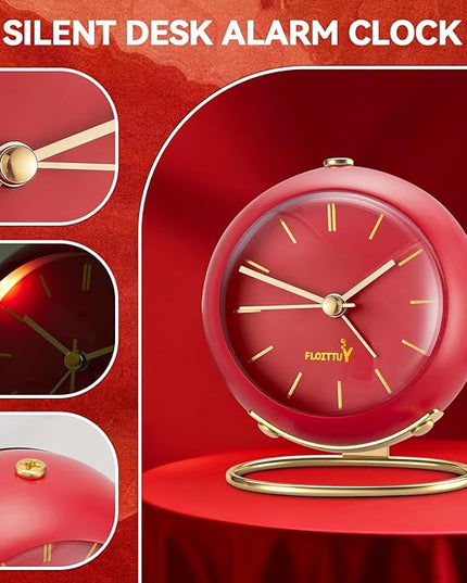 FLOITTUY Silent Table Analog Alarm Clock No Ticking, Lighted on Demand and Battery Operated, Beep Sounds, Small Desk Clock(Tomato Red)