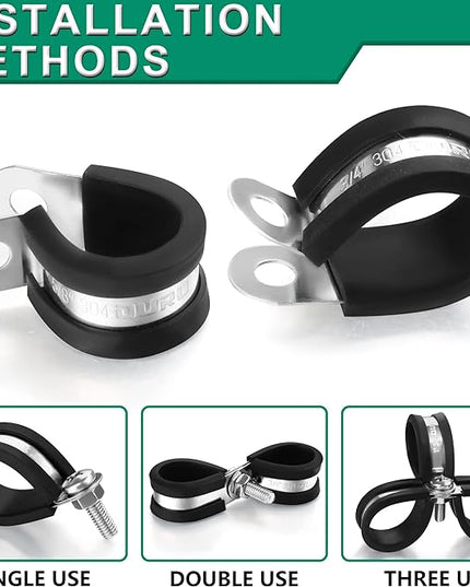 OURU 100PCS Cable Clamps 5/8 Inch 304 Stainless Steel Cable Clamps Rubber Coated Cushioned Insulated Cable Clamp,Automotive Wire Clamps,Pipe Clamps,Metal Clamp for Tube,Wire Cord Installation(16mm)