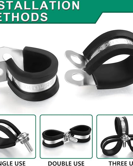 OURU 30pcs 3/8 Inch Stainless Steel Cable Clamps,Rubber Coated Cushioned Insulated Cable Clamp,Automotive Cable Wire Clamps,Pipe Clamps,Metal Clamp for Tube,Lines,Wire Cord Installation(Black,10mm)