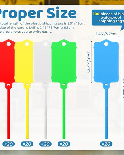 LeonBach 100 PCS Plastic Shipping Tags,1.46" x 2.48", Waterproof Labels Writable Hanging Tag with Sealing Strap,Shipping Cable Tie Label Tags for Keys Luggage Logistic Retail Inventory(Multicolored)