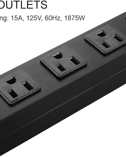 Metal Wall Mount Power Strip, Mountable Power Outlet with 6 AC Outlets, Aluminum Alloy Mount Power Socket with Switch, 6 FT SJT 3/C 14AWG Power Cord, 15A 125V 1875W (6AC) Black