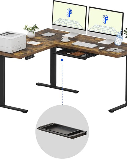FLEXISPOT L Shaped Standing Desk, 63 x 55 Inch Electric Height Adjustable Corner Desk, Sit Stand Computer Workstation, Preset Controller, Home Office, Black Frame with Rustic Brown Top, Black Drawer