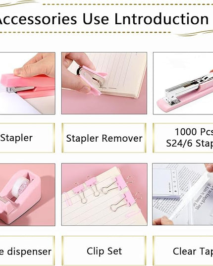 Office Supplies,Desk Accessories, Stapler and Tape Dispenser Set for Women with Stapler, Tape Dispenser, Staple Remover, Staples, Clips, Scissor and Tabs,Gift for Students, Coworkers