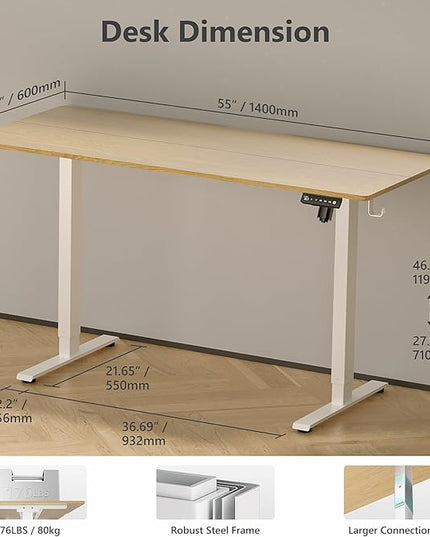 55 x 24 inch Electric Standing Desk Adjustable Height with 4 Wheels, 4 Memory Height Settings, 2 Headphone Hook, Home Office Desk, Splice Board Oak