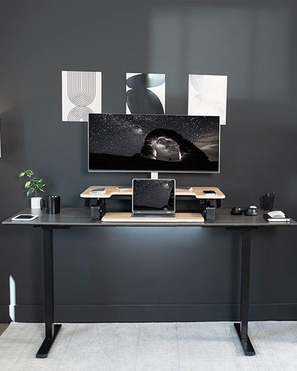 VIVO 36 inch Height Adjustable Stand Up Desk Converter, V Series, Quick Sit to Stand Tabletop Dual Monitor Riser Workstation, Light Wood Top, Black Frame, DESK-V000VO