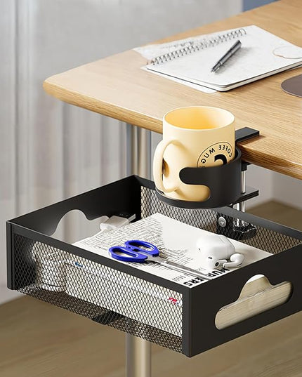 Cup Holder Under Desk Drawer 360° Swivel C-clamp Mounting Mesh Storage Box Spill-proof Easy Install Table Management Tray