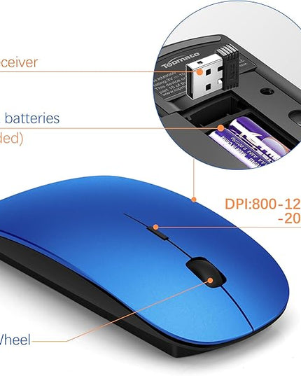 TopMate Wireless Keyboard and Mouse Ultra Slim Combo, 2.4G Silent Compact USB Mouse and Scissor Switch Keyboard Set with Cover, 2 AA and 2 AAA Batteries, for PC/Laptop/Windows/Mac - Blue Black