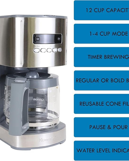 Kenmore Drip Coffee Maker - 12 Cup Programmable Cafe Machine With Glass Pot, Regular & Bold Brew, Auto Shut Off Large Water Reservoir, Reusable Filter, Kitchen Appliances For Cafeteria Barista