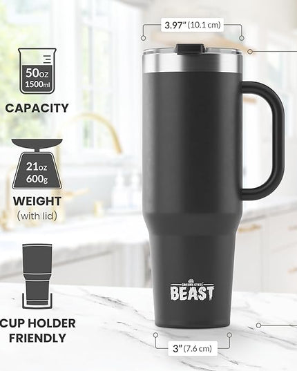 50oz Tumbler with Handle and Straw - Large Insulated Travel Mug for Water, Hot and Iced Coffee - Leak Resistant Stainless Steel Insulated Tumbler with Lid - Gifts for Mom, Women and Men (Matte Black)