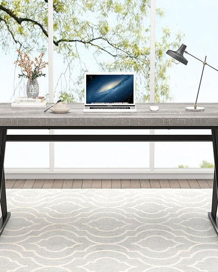 FOLUBAN Modern Desk, Rustic Wood and Metal Computer Desk for Home Office, Simple Study Writing Gaming Table for Bedroom Living Room, Light Grey, 53 Inch