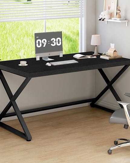 IBF Black Computer Desk, Simple Work Desk for Home Office, Industrial Writing Study Desk in Bedroom, Modern Wood Metal Pc Gaming Laptop Workstation Executive Computer Table, Black Oak, 47 Inch