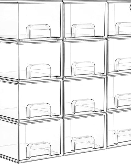 Vtopmart 12 Pack Small Clear Stackable Storage Drawers,Acrylic Bathroom Makeup Organizer,Plastic Storage Bins For Vanity, Undersink, Kitchen Cabinets, Pantry, Home Organization