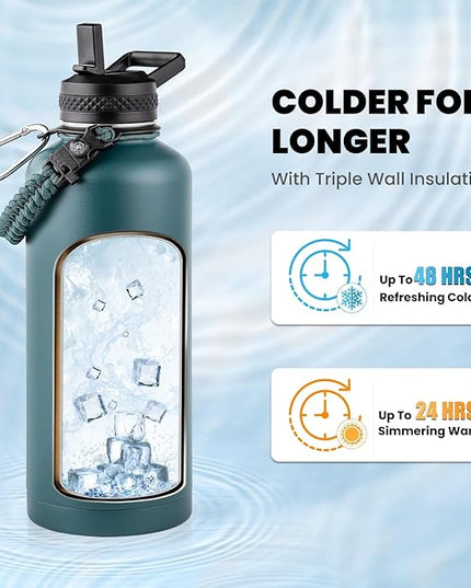 Insulated Water Bottle 87 oz, Triple Wall Vacuum Stainless Steel (Cold for 48 Hrs), Leak Proof & Non-BPA, Modern Water Flask Jug with Paracord Handle & Straw Spout Lids, Dark Green