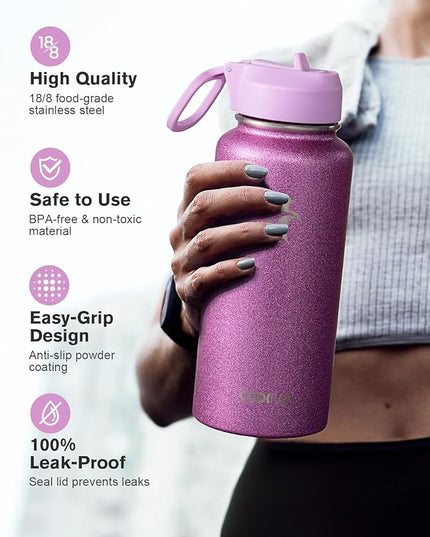 Coolflask Water Bottle 32 oz Insulated with Straw, Stainless Steel Metal 3 Lids Water Flask Wide Mouth for Sports or Office, Non-BPA Keep Cold Up to 48 Hrs or Hot Up to 24 Hrs, Glitter Pink
