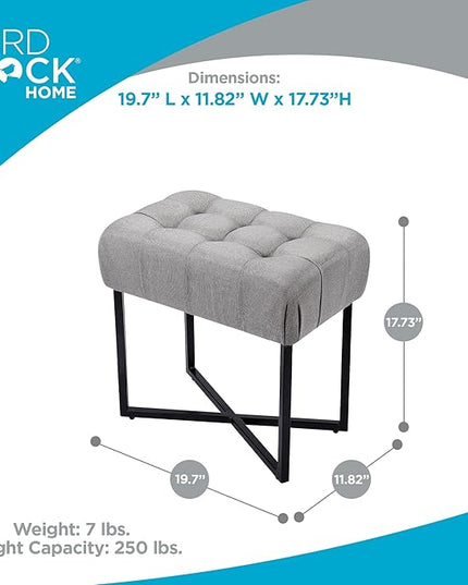 BIRDROCK HOME Rectangular Tufted Foot Stool Ottoman with Soft Padded Cushion - Versatile Vanity Chair for Bedroom, Living Room, Bathroom - Compact Seating for Adults - Grey with Black Metal Legs