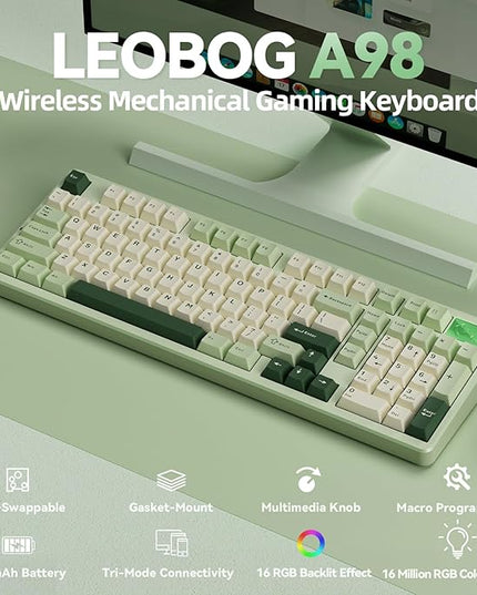 LEOBOG A98 - 96% Mechanical Keyboard Wireless Tri-Mode BT5.0/2.4GHz/USB-C, Creamy Keyboard with Number Pad, Gasket Structure Hot Swappable, RGB Backlit Green Gaming Keyboard with Knob for PC/Mac/Win