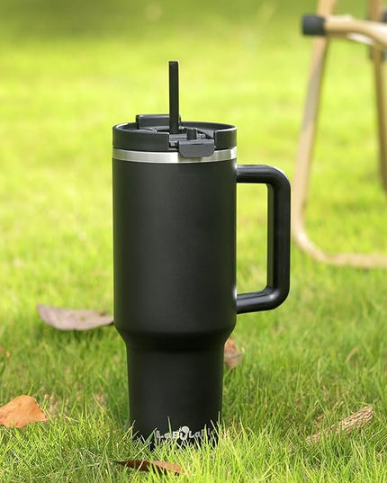 40oz Tumbler with Handle,Double Wall Vacuum Reusable Stainless Steel Insulated Water Bottle,With Leak Proof lid and Straw for Iced or Cold Beverages (Black)