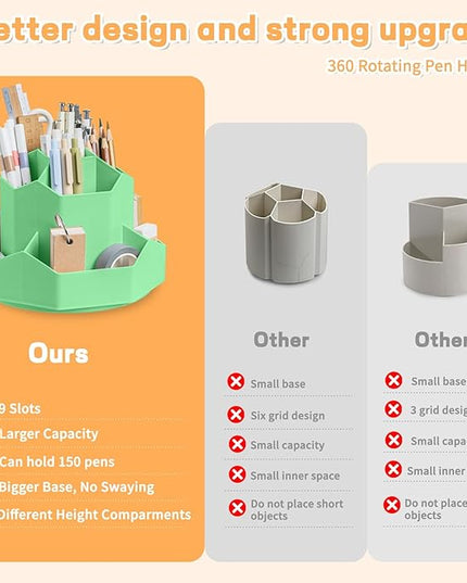 Pencil Pen Holder for Desk,9 Slots 360 Degree Rotating Desk Organizers,Desktop Storage Stationery Supplies Organizer, Cute Pencil Cup Pot For Office, School, Home(Green)