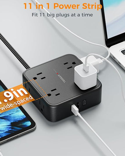 15 FT Extension Cord, TESSAN Ultra Thin Flat Plug Power Strip Surge Protector with 8 Outlets 3 USB Charger(1 USB C), 900J Surge Protection Charging Station for Home Office Dorm Room Essentials, Black