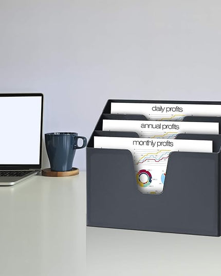 Acrimet Horizontal Triple File Folder Holder, Open Top Desktop Document Sorter for Letter Size Papers & Folders, Plastic (Black)