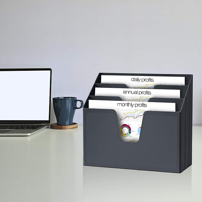 Acrimet Horizontal Triple File Folder Holder, Open Top Desktop Document Sorter for Letter Size Papers & Folders, Plastic (Black)