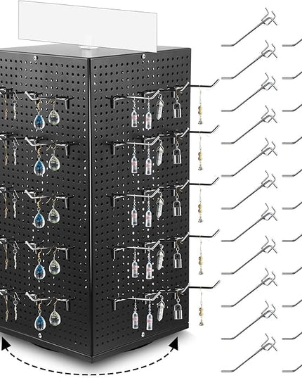 Geelin Metal Pegboard Display with Pegboard Hooks, 9.8 x 9.8 x 20.5 In Rotating Display Stand Display Racks for Craft Shows Pegboard Organizer with Peg Hooks for Jewelry Organizing Retail (Black)