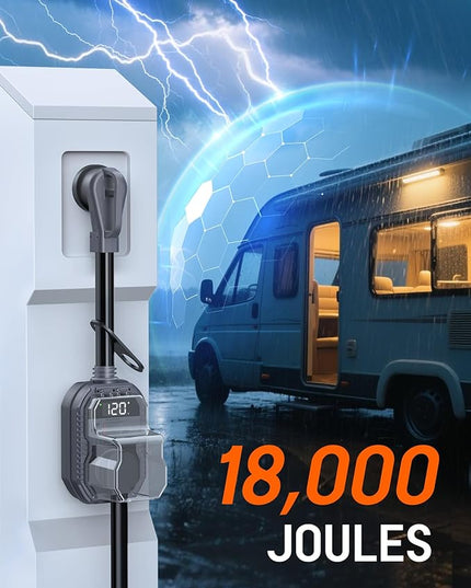 18,000J RV Surge Protector 50 Amp with LED Display, 50 Amp Surge Protector for RV with Voltage Monitoring, Clear Error Codes, Comprehensive Detection, IP68 Waterproof