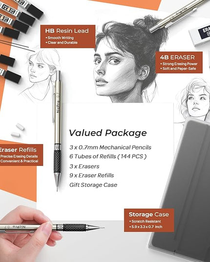 Nicpro 0.7 mm Art Mechanical Pencil Set in Storage Case, 3 PCS Metal Drafting Pencil Lead Pencil with 6 Tube HB Lead Refills, 3 Erasers, 9 PCS Eraser Refills for Artist Writing, Drawing, Sketching