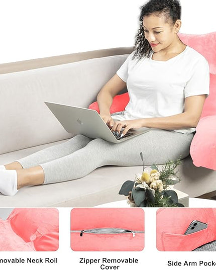 SLIGUY Reading Pillow for Sitting in Bed Couch Adult, Back Pillow with arm Support and Pockets, Adult Back Pillow Bed Chair for Rest, Reading, Watching TV, Gaming for Boys and Girls Pink