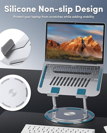 Lifelong Adjustable Laptop Stand with 360° Rotating Base, Ergonomic Computer Stand for Desk, Foldable & Portable Laptop Riser Holder Fits All MacBook, Laptops 10-16 Inches, Silver
