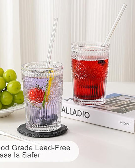 Vintage Glassware Drinking Glasses Set of 6,13 oz Clear Textured Flower Design Glass Water Tumblers，Embossed Striped Drinkware for Water,Cocktails,Juice,Iced Coffee