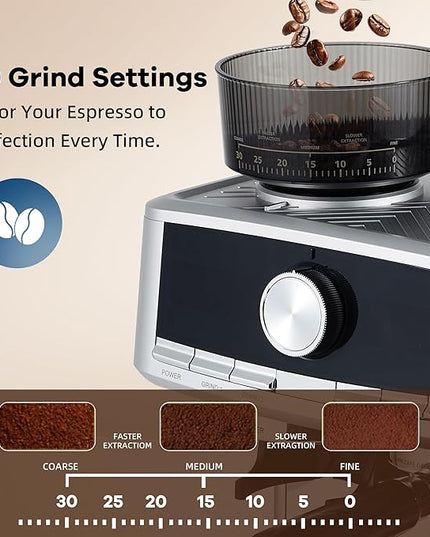 20 Bar Espresso Machine with Built-in Grinder, Stainless Steel Coffee Maker with Milk Frother Steam Wand, 1.5L Removable Water Tank, Adjustable Shot Volume for Home & Office