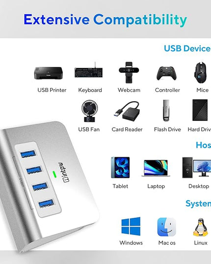 USB 3.0 Hub, Aluminum 4 Port USB Data Hub 3.0 Port Extender Multiport Adapter with 3.3ft Cable ，USB Splitter for Laptop, PC/Xbox/Flash Drive/Printer/Camera/Keyborad/Mouse