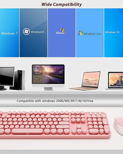 Kootop Wireless Keyboard, Cute Colorful 104 Keys Typewriter Retro Round Keycaps Keyboard for PC Laptop,Desktop,Windows, Home and Office Keyboards (Pink)