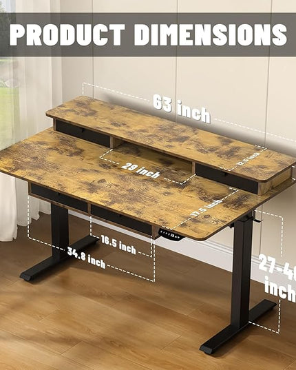 Electric Standing Desk, 63 * 30 Inches Adjustable Height with 4 Drawers, Double Storage Shelves Stand Up Desk, Home Office Workstation Sit Stand up Desk (Rustic Brown)