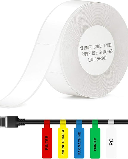 NIIMBOT Thermal Label Maker Paper 0.5" 4.3" Stickers Waterproof Tear-Resistant Replacement for D11/D110 Label Printer Office&Home Cable 65 Labels/Roll (White)