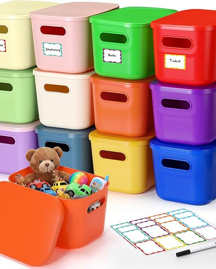 Thyle 12 Pack 7 Quarts Plastic Storage Bins for Christmas Storage with Lids Handles Colorful Stackable Desktop Box Bins with Label for Shelf Drawer,10 x 7 x 6 Inch (Vivid Color)