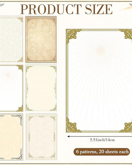 Supervitae 120 Vintage Stationery Paper, 8. 27 x 5. 51 Inch Double Sided Printing Antique Gold Border Elegant Retro Decorative Letter Sheets for Love Letter Party Invitations, 6 Designs